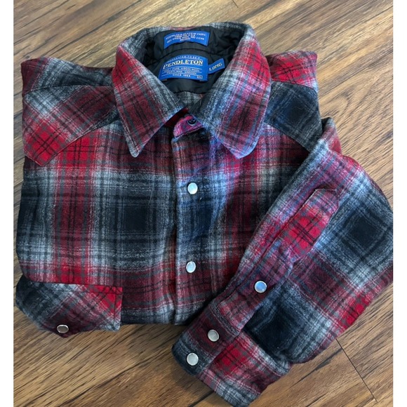 Pendleton Shirt Mens Large XL Red Gray Plaid 100% Virgin Wool Pearl Snap Western - Picture 1 of 7